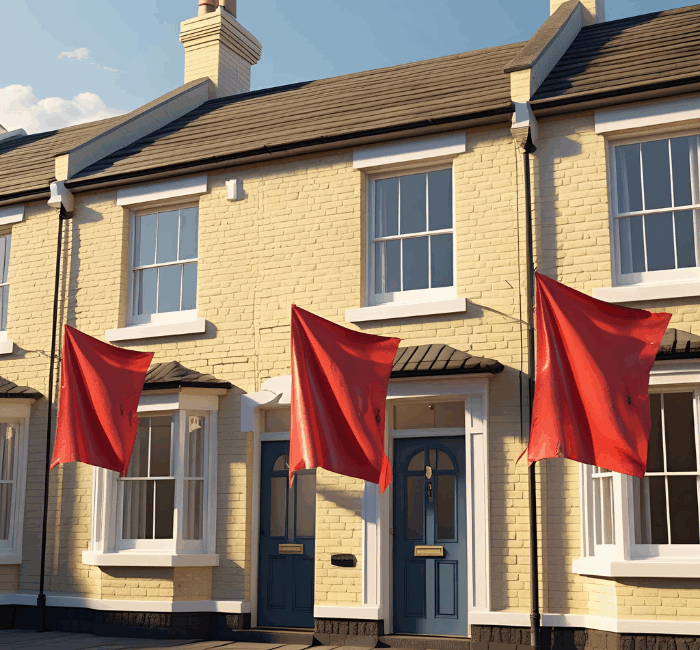A row of properties with red flags hanging outside to represent property issues when buying a house