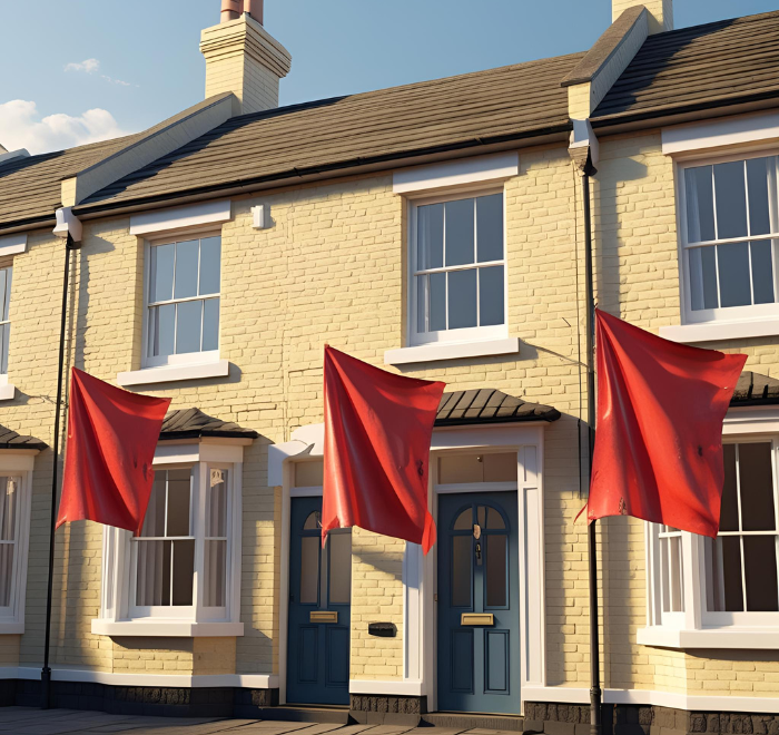 A row of properties with red flags hanging outside to represent property issues when buying a house