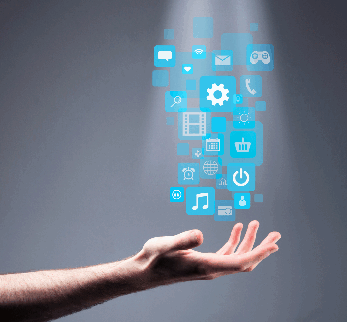 A hand collecting online icons to demonstrate digital assets