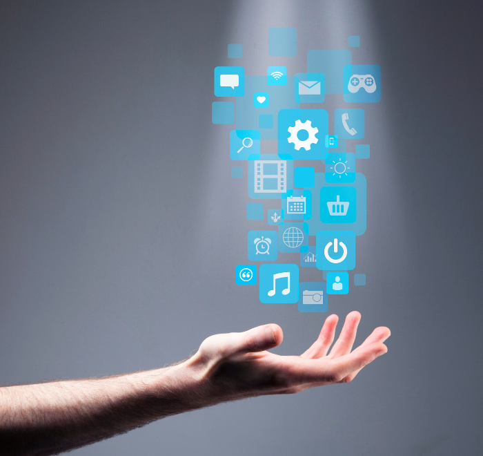A hand collecting online icons to demonstrate digital assets